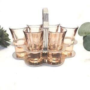 Vintage Pink Depression Shot Glasses W Caddy Cordial Holder Stand BarWare Bar